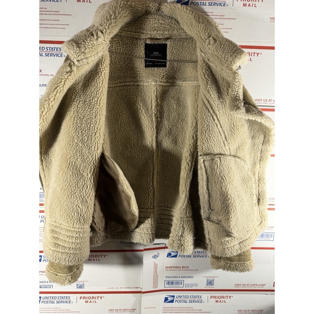 ZARA OUTERWEAR TAN FAUX SUEDE MOTO JACKET SHEARLING LINED ZIPPERS SZ S - Picture 7 of 7
